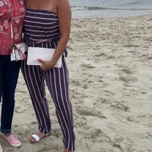 Express Purple Striped Strapless Jumpsuit